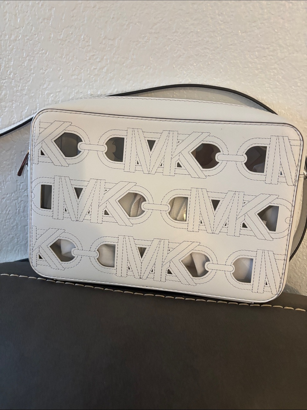 Michael Kors White Cutout MK Logo Crossbody with Black Trim